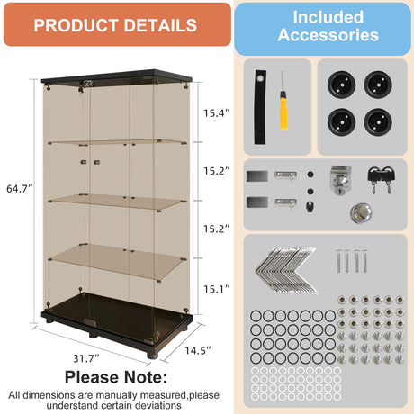FANYUSHOW Glass Display Cabinet with 4 Shelf Double Door Curio Cabinet with Brown Glass 5mm Tempered Glass Display Case for Living Room, Bedroom, Kitechen, 64" H x 32" L x 14" W, Black FANYUSHOW