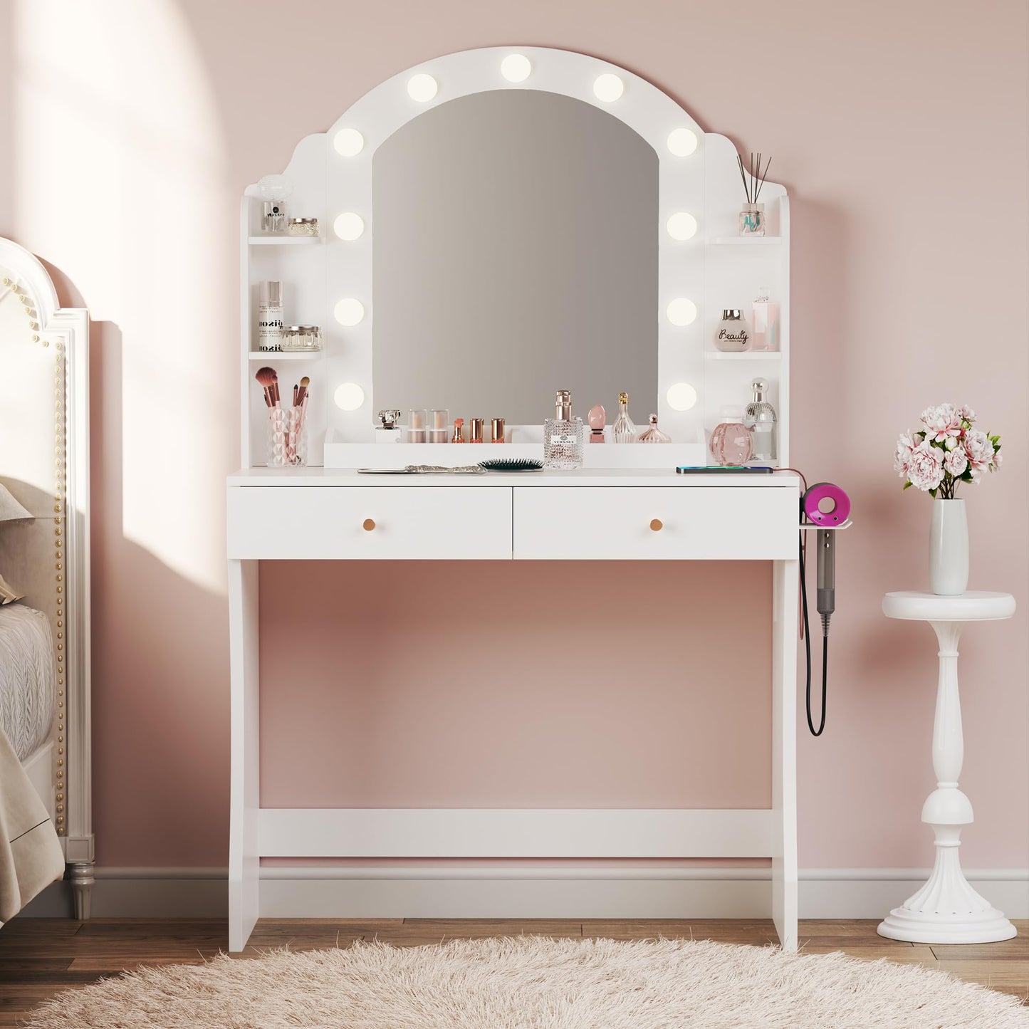 ALEXNUTRE Makeup Vanity Desk with Mirror and Lights, Vanity with Power Outlet, 3 Lighting Color Adjustable for Bedroom, Large Drawers and Storage Shelves, White - WoodArtSupply