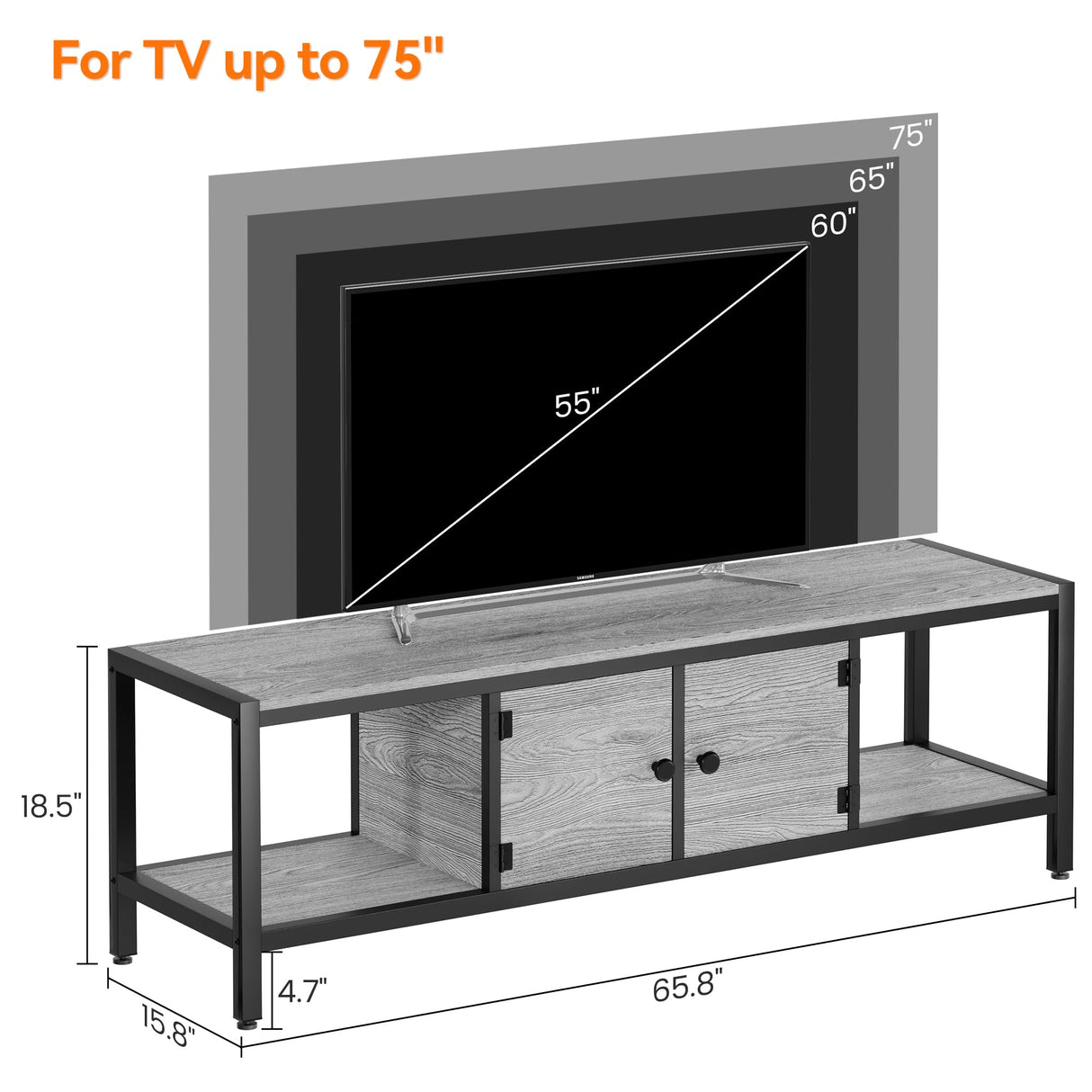 GAOMON 65" TV Stand for TV up to 75 Inches, Large TV Console Table with 2 Closed Storage Spaces and Open Compartments, Wooden Entertainment Center with Adjustable Feet for Living Room, Bedroom, Grey GAOMON