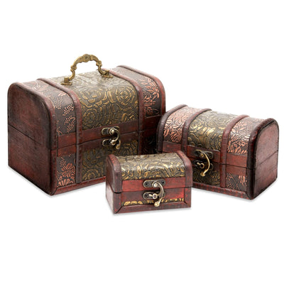 3-Set Wood Treasure Chest Decorative Boxes with Flower Motifs - Vintage Style Small Treasure Box Set for Jewelry, Coin Collection, Bathroom and Home Décor (3 Sizes)