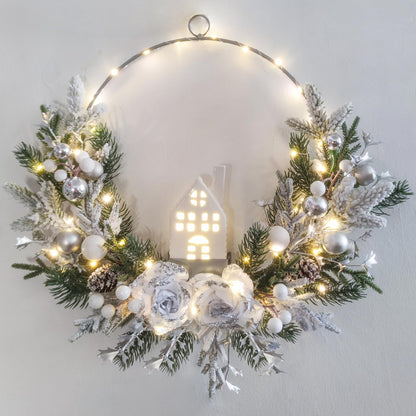 prelit Christmas Hoop Wreath with Lighted House,Farmhouse Winter Wreath with Lights,16inch Silver White Christmas Wreath for Front Door, Winter Xmas Holiday Porch Decor,Modern Mantel Decoration Gift