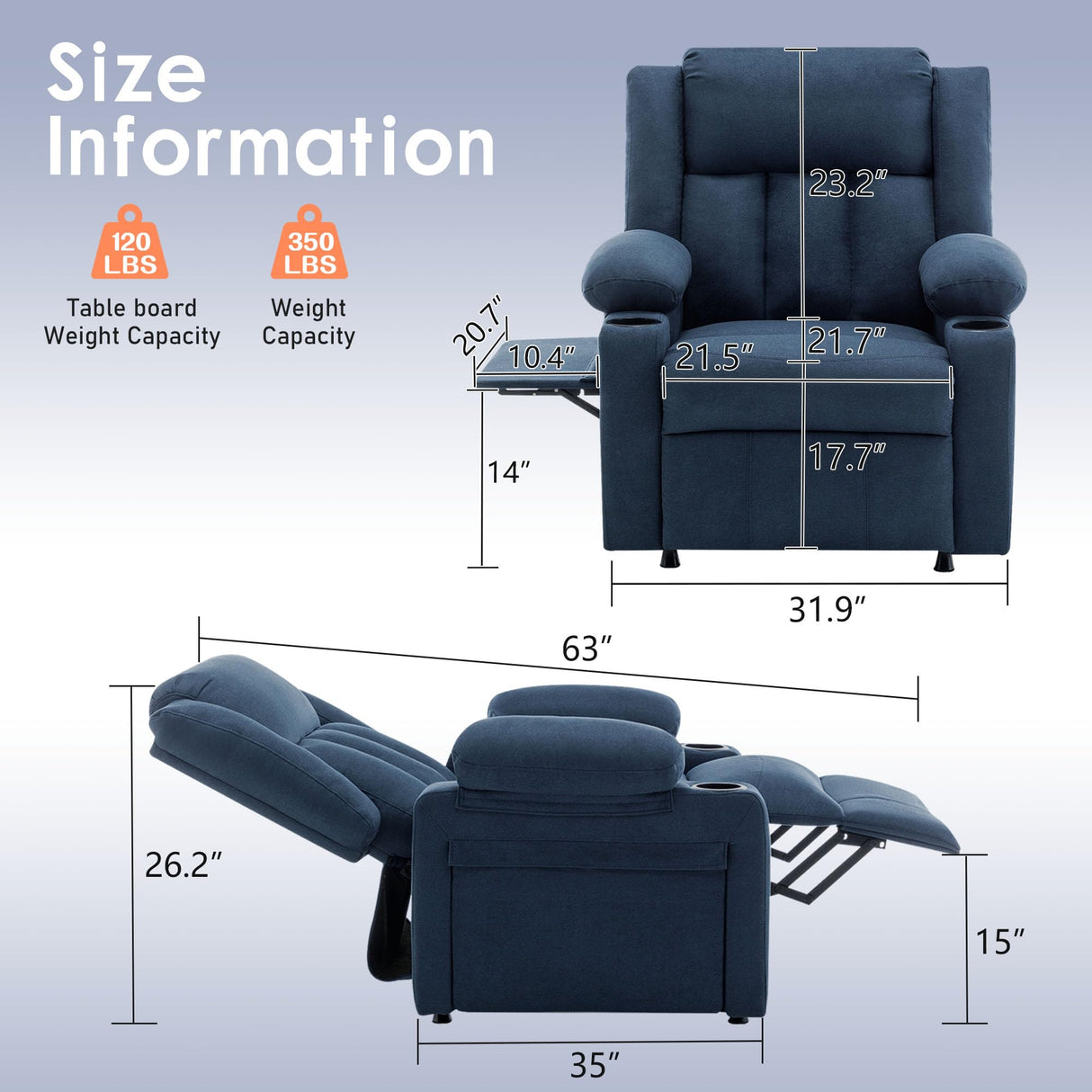 Andeworld Power Recliner Chair,Reclining Sofa Chair with Heat and Massage for Adults, Upholstered Heating Point Theater Seating Single Sofa with Side Pockets Sidetable for Living Room, Blue Andeworld