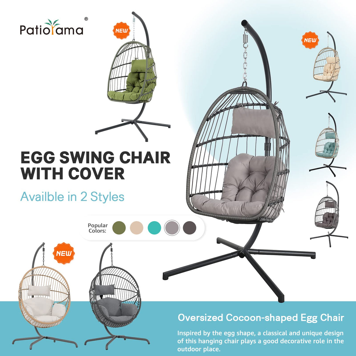 Patiorama Indoor Outdoor Egg Swing Chair with Stand, Patio Grey Wicker Rattan Hanging Chair with Rope Back, Cushion,Cover,All Weather Foldable Hammock Chair for Bedroom, Garden (Light Grey) Patiorama