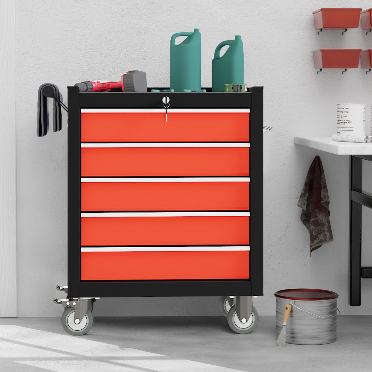 5-Drawers Rolling Tool Chest Tool Box Organizer with Lockable, Metal Rolling Tool Cart Tool Storage Toolbox, Tool Cabinet Rolling Tool Box with Drawers for Garage, Workstation, Workshop, Home Repair CMFYDAILY