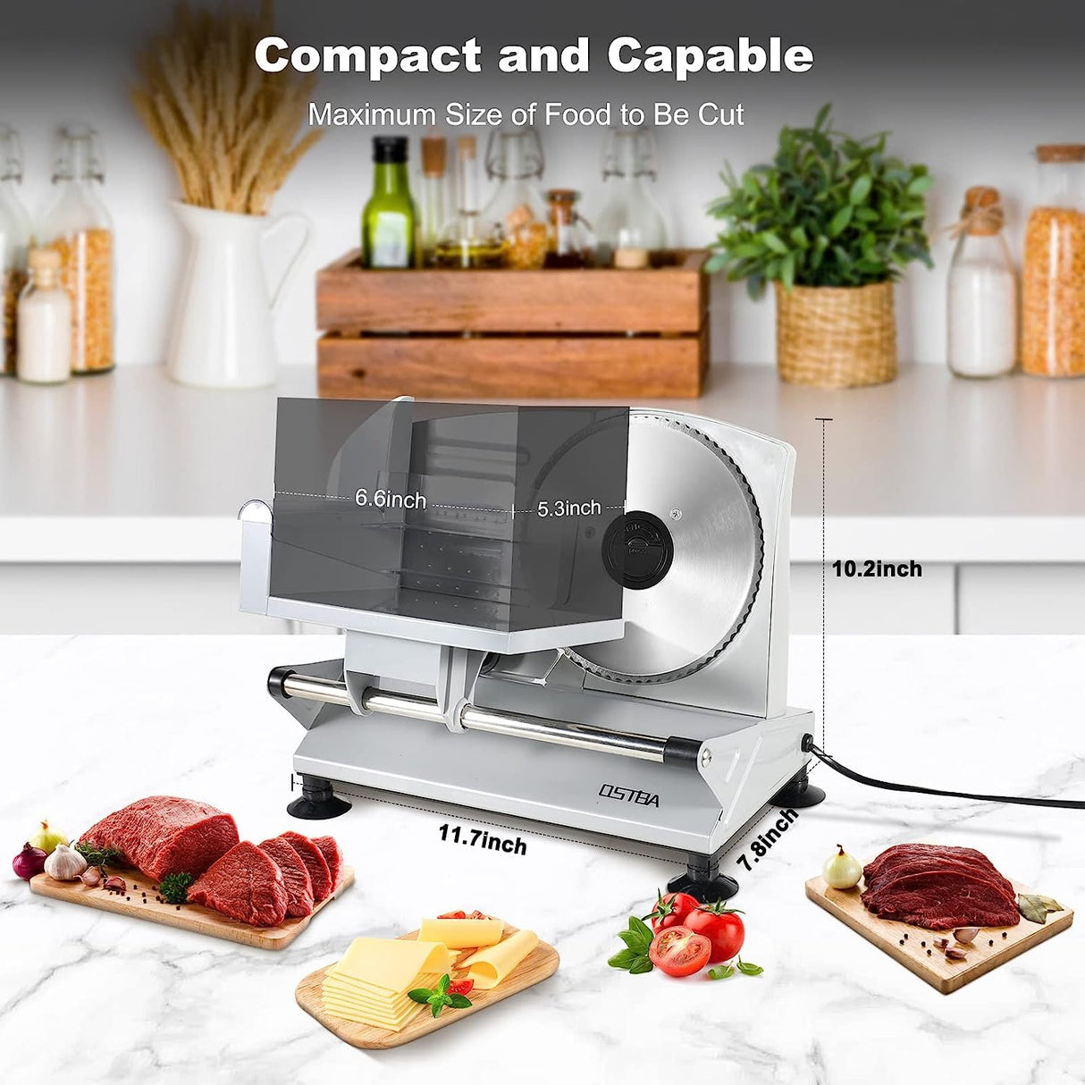 OSTBA Meat Slicer Machine for Home, Electric Deli Food Slicer with Removable 6.7” Stainless Steel Blades, 0-15mm Adjustable Thickness, Easy to Clean, 150W, Ideal for Cold Cuts, Cheese, Bread, Fruit OSTBA