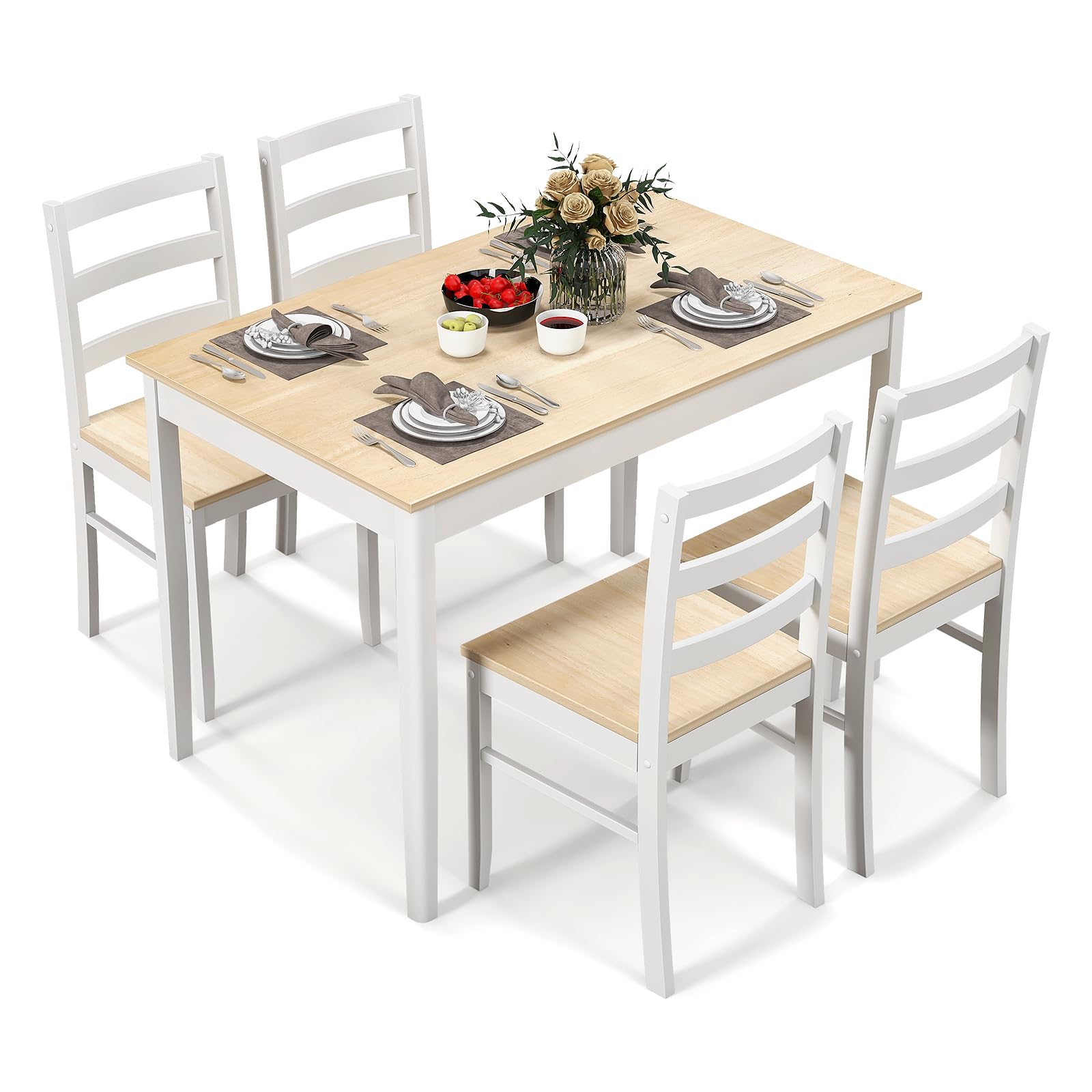 COSTWAY Dining Table Set for 4, Wood Kitchen Table Chairs Set with Rubber Wood Legs, Space-Saving Design, Modern 5-Piece Dinette Set for Small Place, Kitchen, Dining Room, Restaurant (Natural - WoodArtSupply