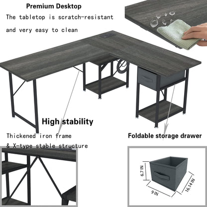 SZXKT L Shaped Desk with Drawers, Gaming Desk, Corner Computer Desk with Storage and Power Outlet,Reversible U Shaped Work Pc Desk for Home Office with Monitor Stand 2 Person Long Desk 56 Inc - WoodArtSupply