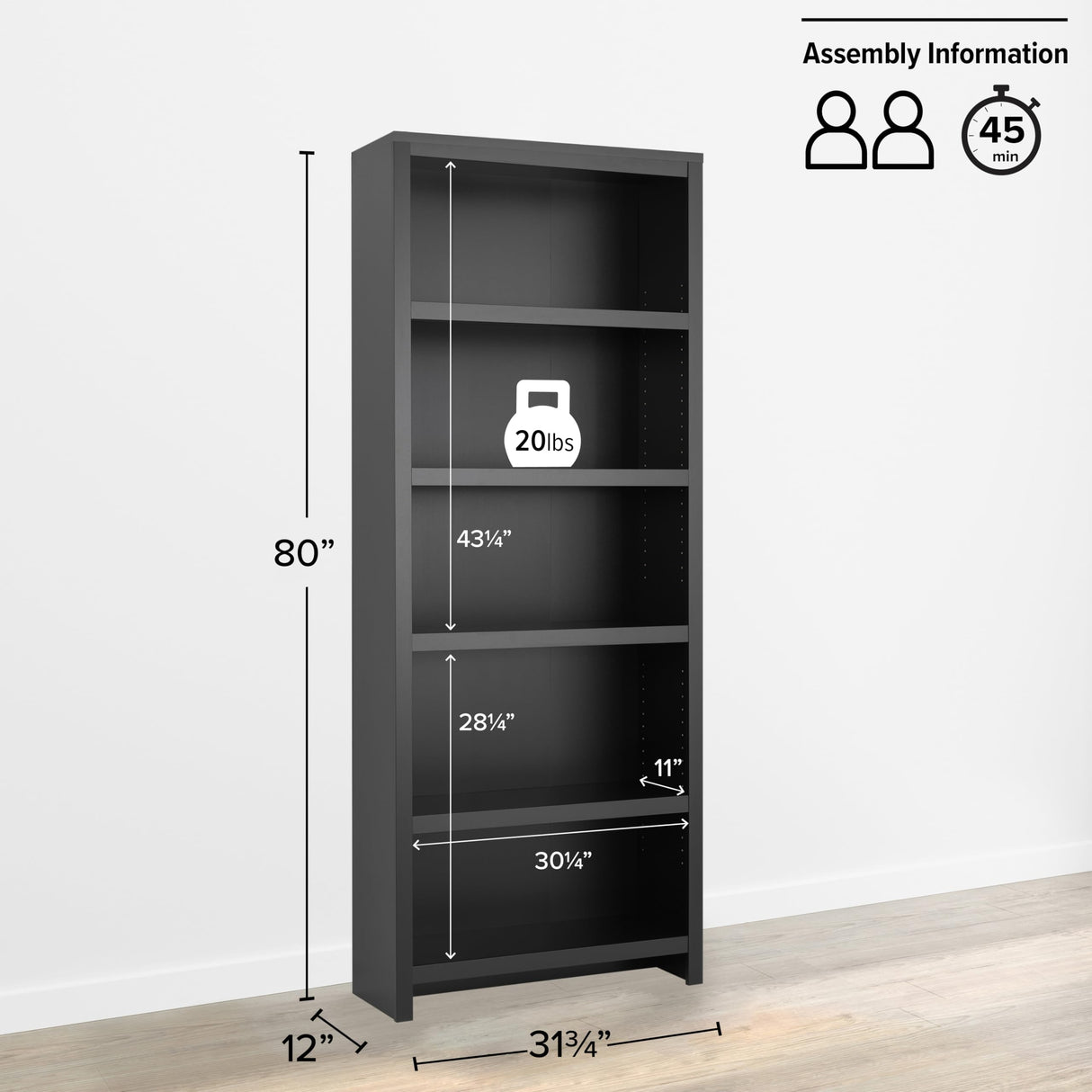 Prepac Moda 5-Tier Tall Wooden Bookcase, Black Storage Cabinet, Display Cabinet, Bookshelf with Storage Shelves 31.75" W x 80" H x 12" D for Home Office, Living Room, Bedroom Organizer Prepac