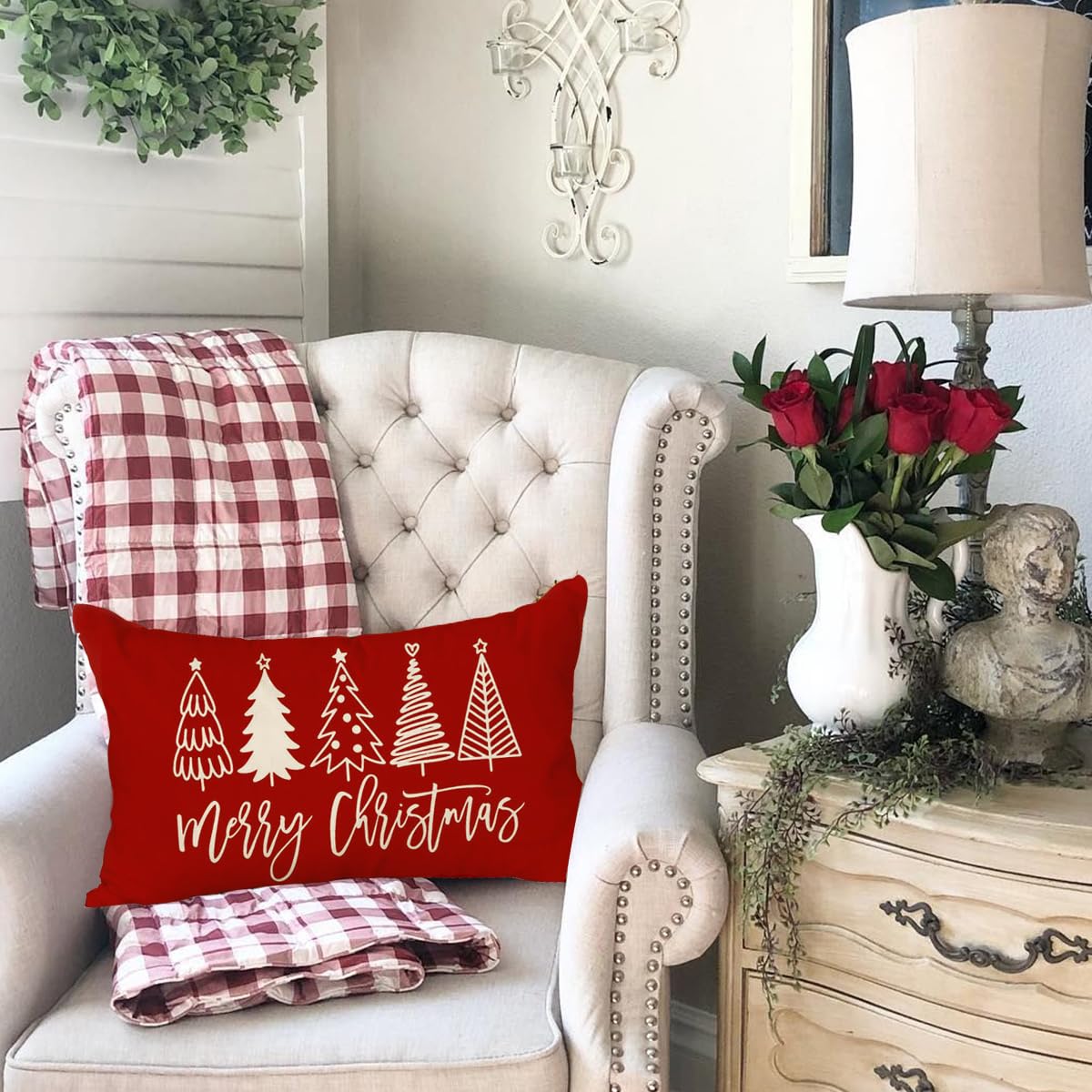 RABUSOFA Christmas Pillow Covers 12x20 Inch,Merry Christmas Tree Pillows Decorative Throw Pillows,Xmas Red Cushion Cover Decor for Holiday Couch Sofa Outdoor Lumbar(6) RABUSOFA