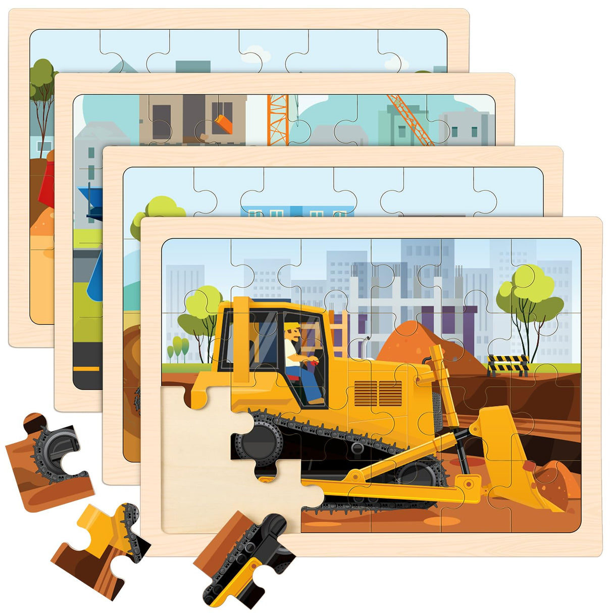 Wooden Puzzles for Kids Ages 4-6, 4 Packs 24 PCS Construction Vehicle Jigsaw Puzzles for Kids Ages 3-5, Preschool Educational Puzzles Boards Toys Gifts for Boys Girls Duchong