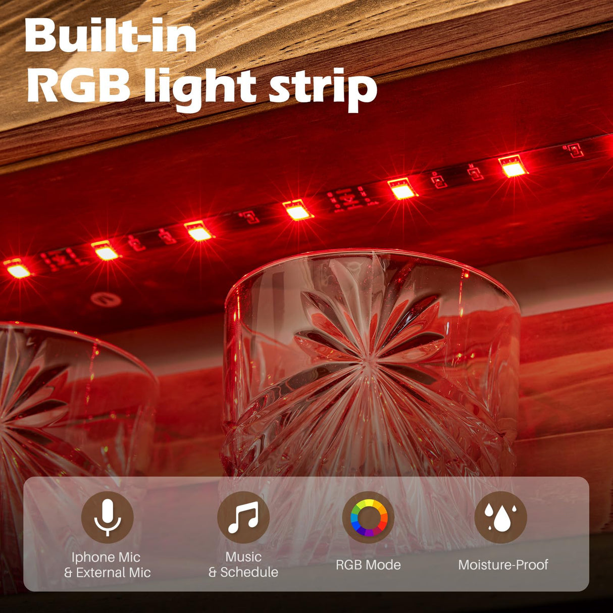 Homde Wine Rack with LED Light Wall Mounted Wood Wine Shelf with Bottle Stemware Glass Holder Rustic Wine Display Storage Rack with 4-Bottle Liquor Dispenser for Home Bar Kitchen Decor Homde