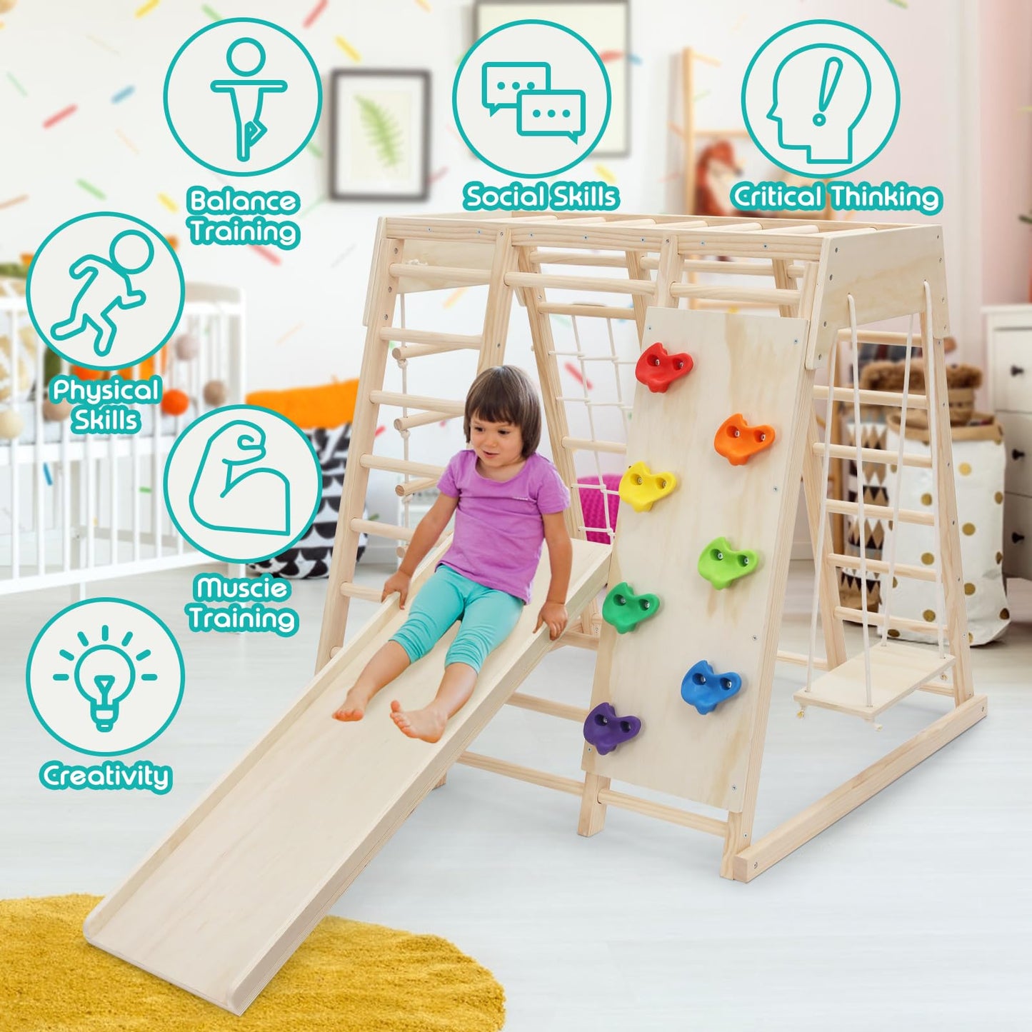 EDOSTORY 7 in 1 Pikler Indoor Playground Jungle Gym Playset, Wooden Montessori Climber with Slide, Rock Climb Wall, Monkey Bars, Rope Ladder, Climbing Rope and Swing for Kids（Natural）