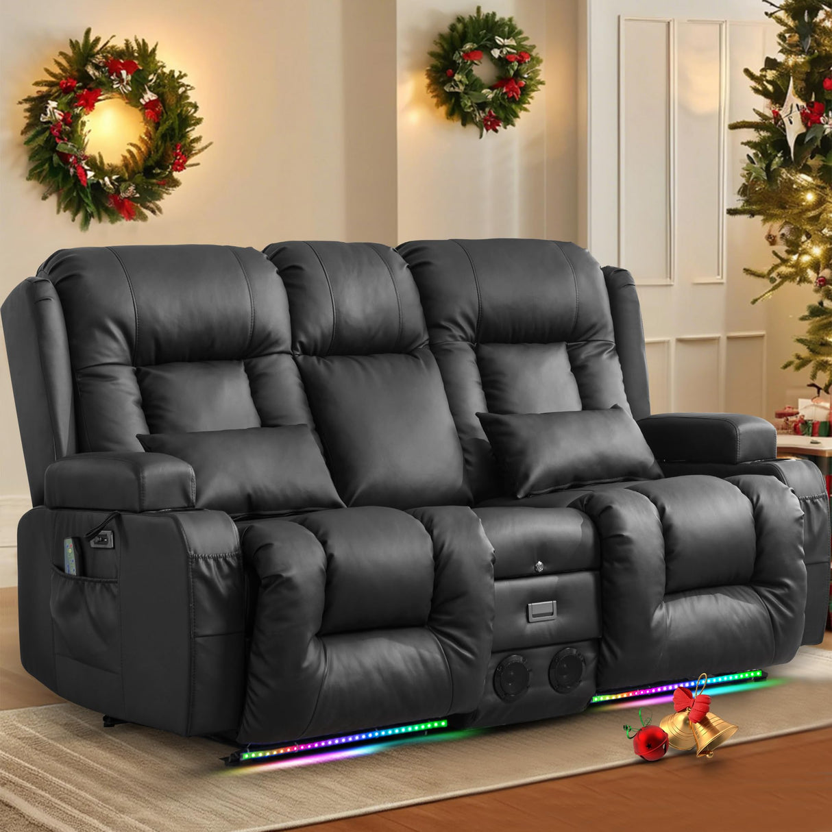TUNYI Power Recliner Chair with Massage & Heat, Faux Leather Recliner Sofa Chair with LED Light, Home Recliner Theater Seating with USB Port/Lumbar Pillow/Cup Holder/Side Pocket (Black, Loveseat) TUNYI
