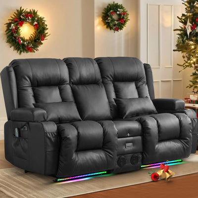 TUNYI Power Recliner Chair with Massage & Heat, Faux Leather Recliner Sofa Chair with LED Light, Home Recliner Theater Seating with USB Port/Lumbar Pillow/Cup Holder/Side Pocket (Black, Loveseat)