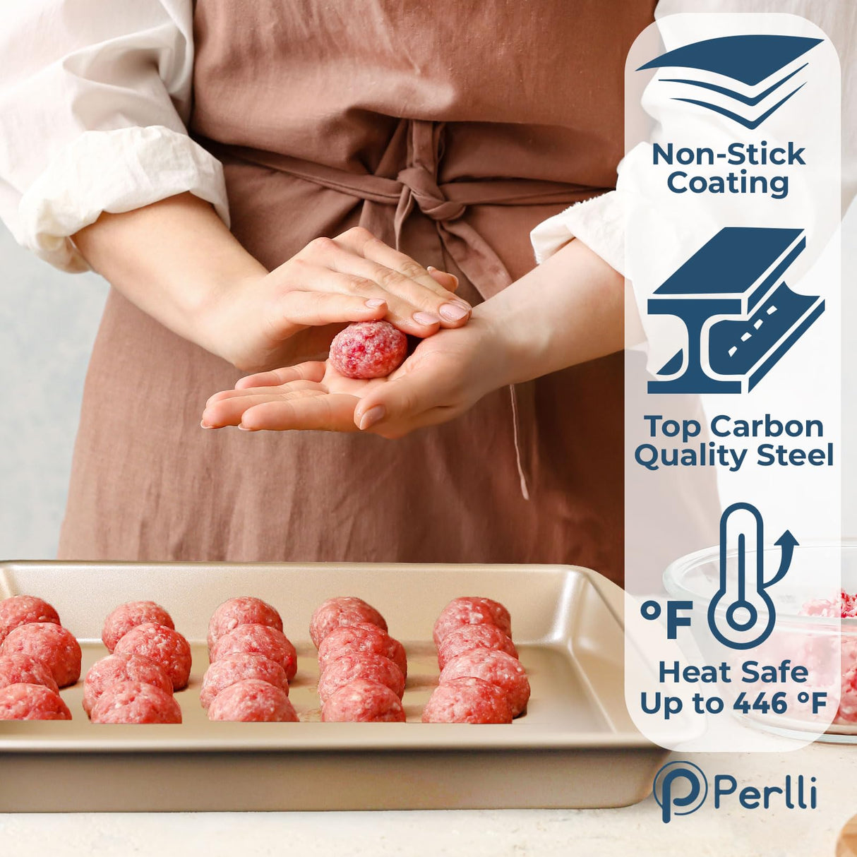 Perlli Baking Pan 10 Piece Set Nonstick Gold Steel Oven Bakeware Kitchen Set with Silicone Handles, Cookie Sheets, Round Cake Pans, 9x13 Pan with Lid, Loaf Pan, Deep Pan, Pizza Crisper, Muffin Pan PERLLI