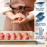 Perlli Baking Pan 10 Piece Set Nonstick Gold Steel Oven Bakeware Kitchen Set with Silicone Handles, Cookie Sheets, Round Cake Pans, 9x13 Pan with Lid, Loaf Pan, Deep Pan, Pizza Crisper, Muffin Pan PERLLI