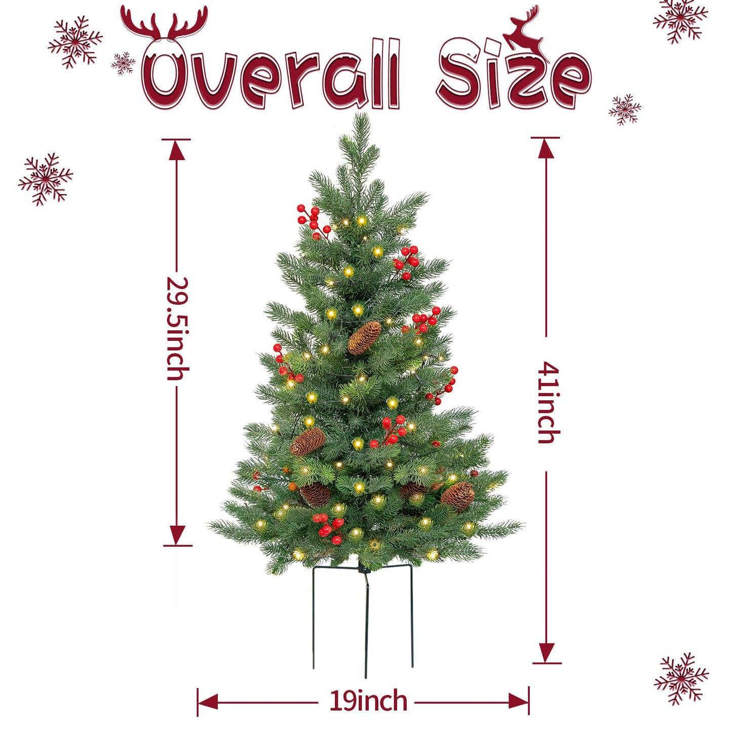 ENVEN 2 Set 30Inch Outdoor Christmas Tree, Pre-Lit 50LED Solar Power Christmas Porch Decorations Outdoor Tree, Hundreds Branch Tips Lush, Pine Cones, Red Berries and Red Ball (Classic Green)