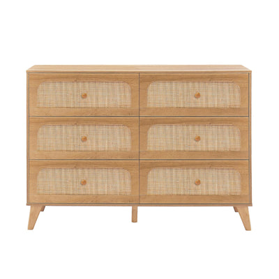 GANLLY Rattan 6 Drawer Dresser for Bedroom, Natural Wood Dresser with Deep Drawers, Wooden Chest of Drawers for Closet with Wide Top, for Living Room, Hallway, Kids Room,Natural