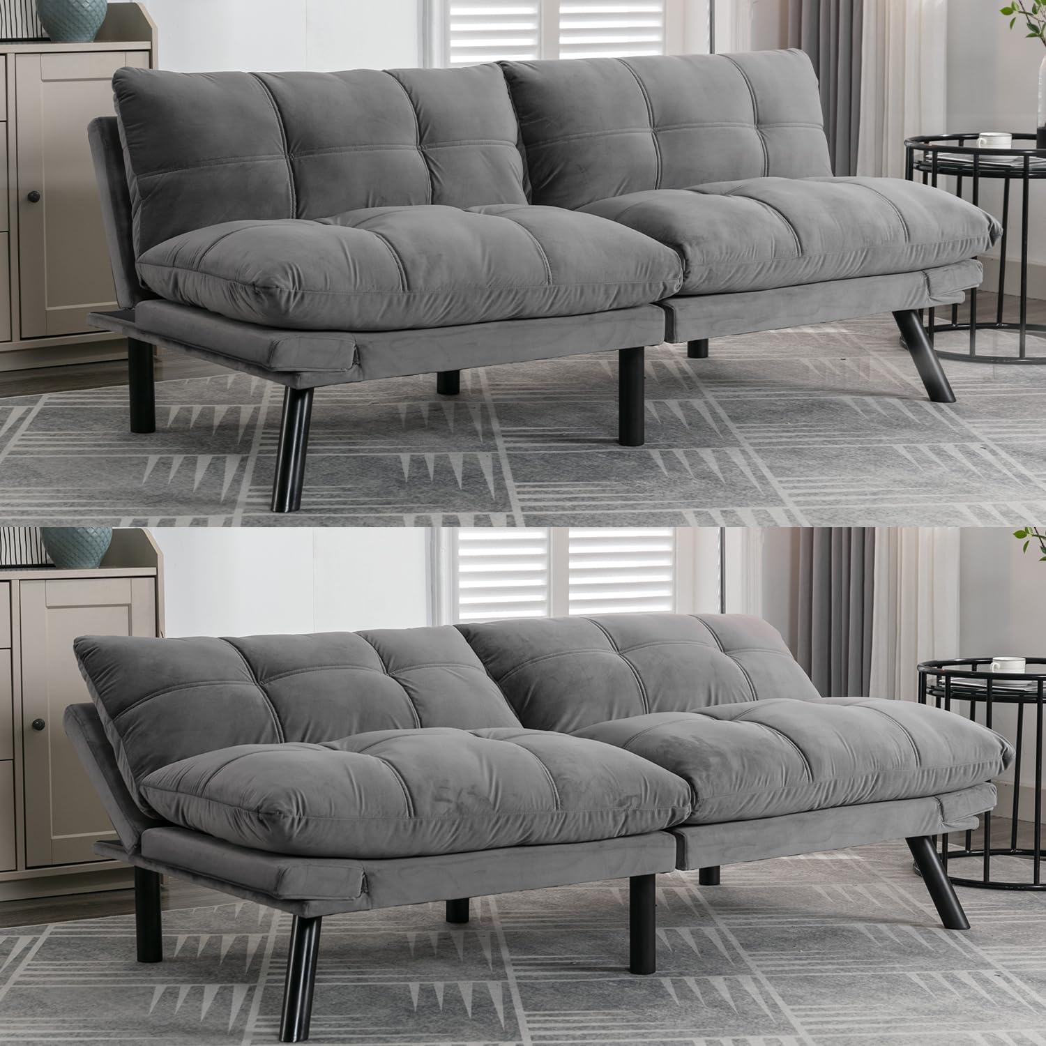 Modern Velvet Convertible Folding Futon Couch Sofa Bed Adjustable Pillow Top Arm Memory Foam Couch Double Loveseat Sofa for Compact Living Space,Dorm,Game Studio,Apartment,Bedroom (Light Grey - WoodArtSupply