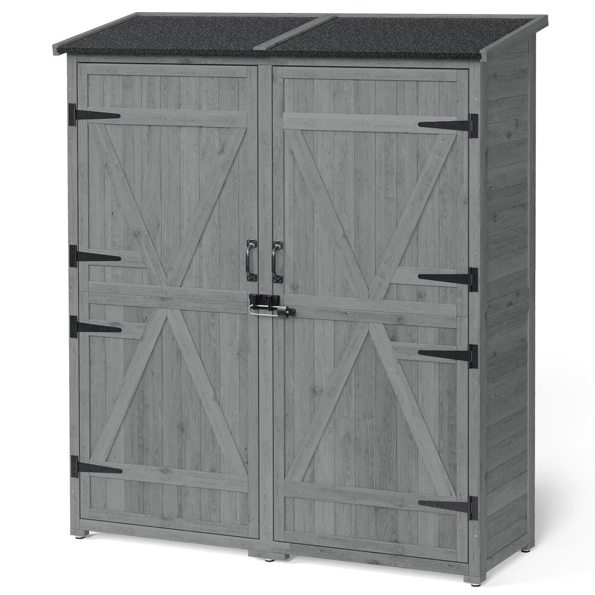 Gizoon Outdoor Storage Cabinet with Waterproof Roof, Double Lockable Doors Garden Shed with 2 Removable Shelves, Wooden Storage Shed with Large Storage Space for Patio, Garden, Backyard, Lawn, Grey Gizoon