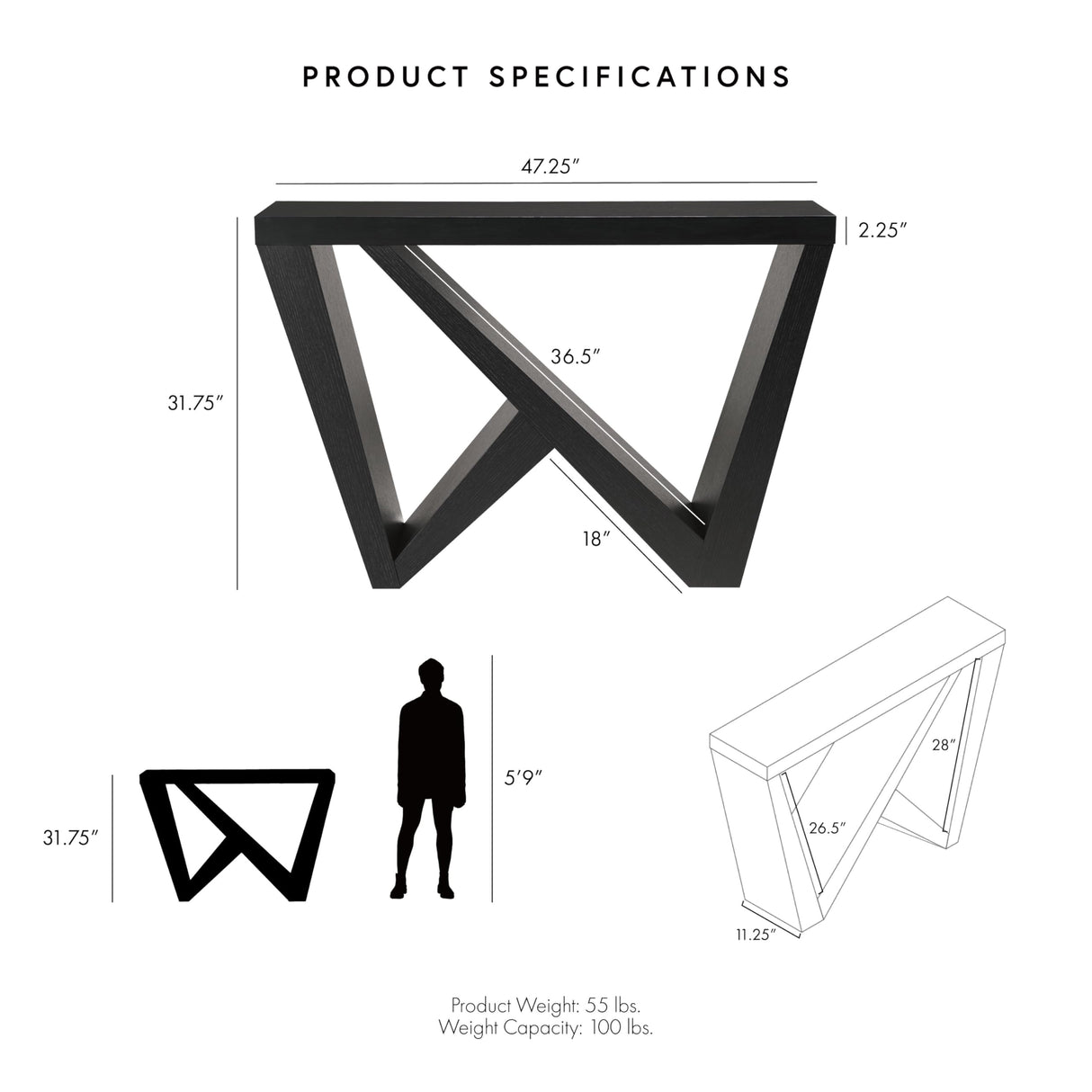 HOMES: Inside + Out Naomi Modern Decorative Accent Console Table with W-Shaped Legs, Wood Entryway Furniture for Living Room, Hallway, Entrance, Small Spaces, Black HOMES: INSIDE + OUT
