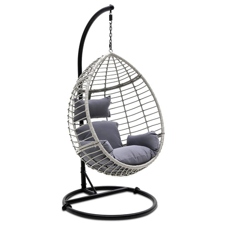 SereneLife Hanging Egg Chair with Stand - Indoor Outdoor Patio Wicker Rattan Lounge Chair with Stand, Steel Frame, UV Resistant Washable Cushions for Garden Backyard Deck Sunroom SLGZ0EGG (Gray) SereneLife