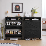 Joaxswe Shoe Storage Cabinet with 2 Flip Drawers, Farmhouse Shoes Organizer for Entryway, Narrow Hidden Shoe Rack with Wooden Legs & Open Storage, Free Standing Shoe Closet for Foyer, Hallway, Black Joaxswe