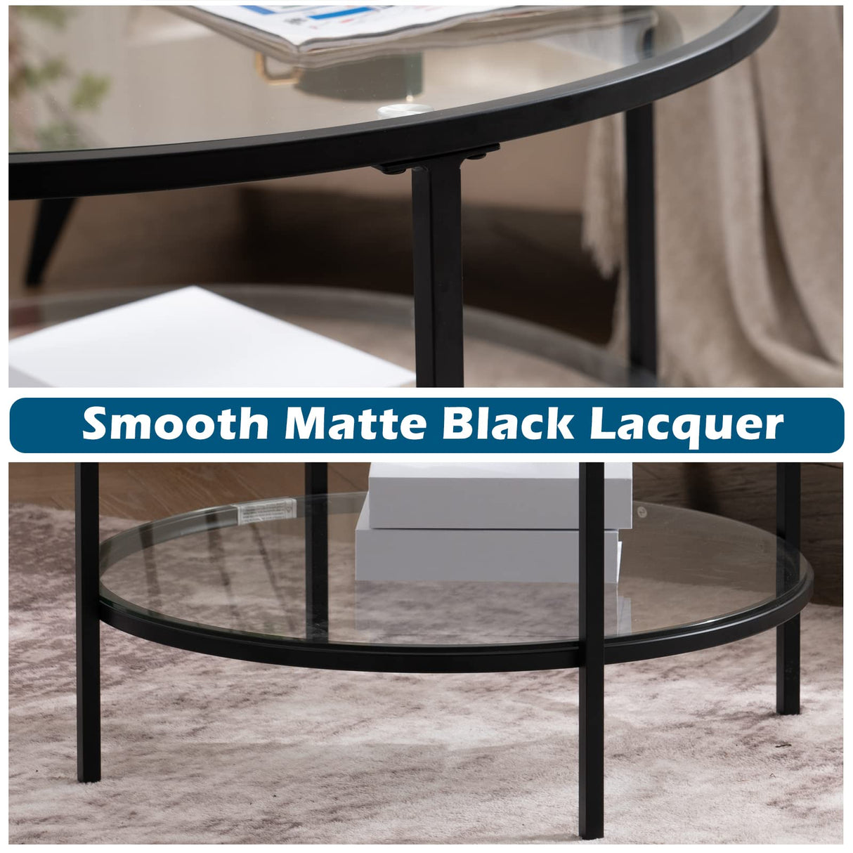 VINGLI 25.6" Round Black Coffee Tables for Living Room, 2-Tier Glass Top Coffee Table with Storage Clear Coffee, Simple & Modern Center Table for Small Space VINGLI