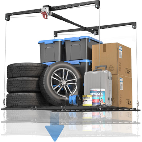 KOKORACKER Garage Ceiling Storage Racks, Heavy-duty 4x4 Ft Overhead Garage Storage Rack with Safety Lock, Ideal for Overhead Storage Mounted Lift System and Storage Organizer, 250lbs Capacity KOKORACKER