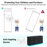 chartustriable Black 12 Drawers Dresser w/Power Outlet,60000-Colors Lights,63In Long Dresser Chest for Bedroom,Wooden Tall Large Capacity Clothing Storage Cabinet for Living Room,Entryway,Hallway chartustriable