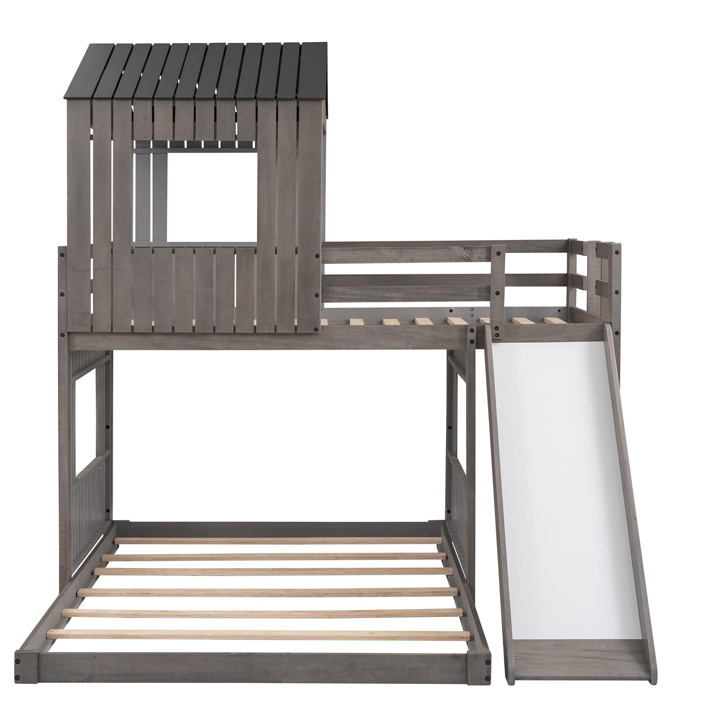 Harper & Bright Designs Antique Gray Twin Over Full House Bunk Bed with Slide and Guard Rail - WoodArtSupply