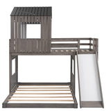 Twin Over Full House Bunk Beds with Full Size Bottom Platform Bed Frames and Slide, Antique Gray Merax