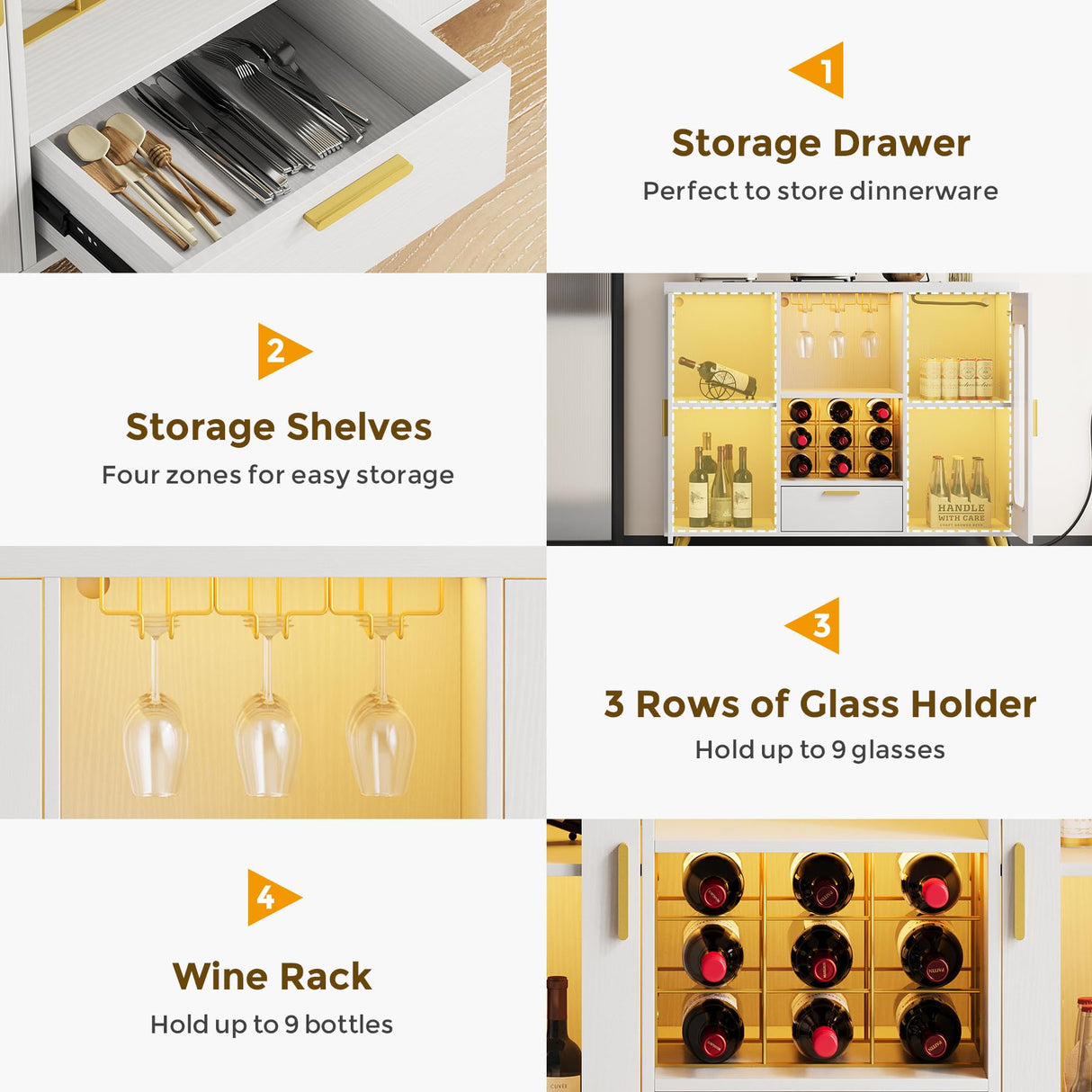 Condemo Wine Bar Cabinet with LED Light, Modern Coffee Bar Cabinet with Power Outlet, Liquor Cabinet with Wine Rack Glasses Holder, Sideboard Buffet Cabinet for Dining Room Living Room Kitchen, White Condemo