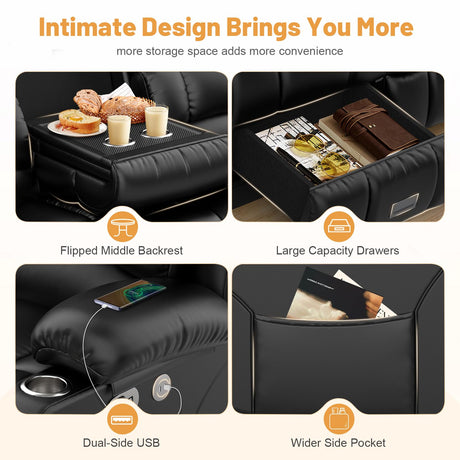 Dresegmt Loveseat Recliner Sofa, Flip Middle Backrest Design PU Leather 3 Seat Reclining Sofa with Storage Drawer, Manual Couch for Living Room/RV (Black, PU) Dresegmt