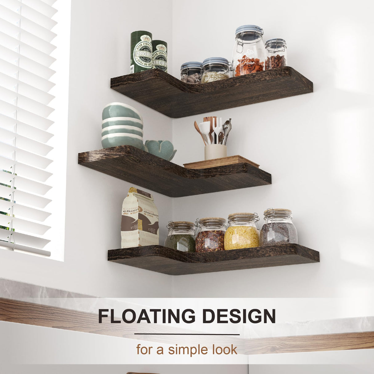 fuqing Floating Corner Shelves, Wall Shelf Set of 3, Shelves for Wall Storage, Solid Wood Shelves for Storage, Wall Mount Wooden Display Shelf for Bathroom Bedroom Kitchen Garage, Rustic Brown fuqing