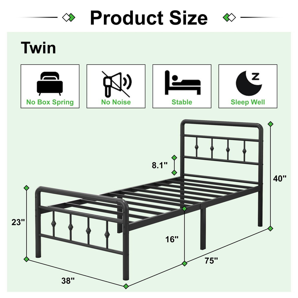 EMODA 16 Inch Twin Bed Frames with Headboard and Footboard, Heavy Duty Twin Platform Bed, Metal Slats Support Mattress Foundation, No Box Spring Needed, Easy Assembly EMODA