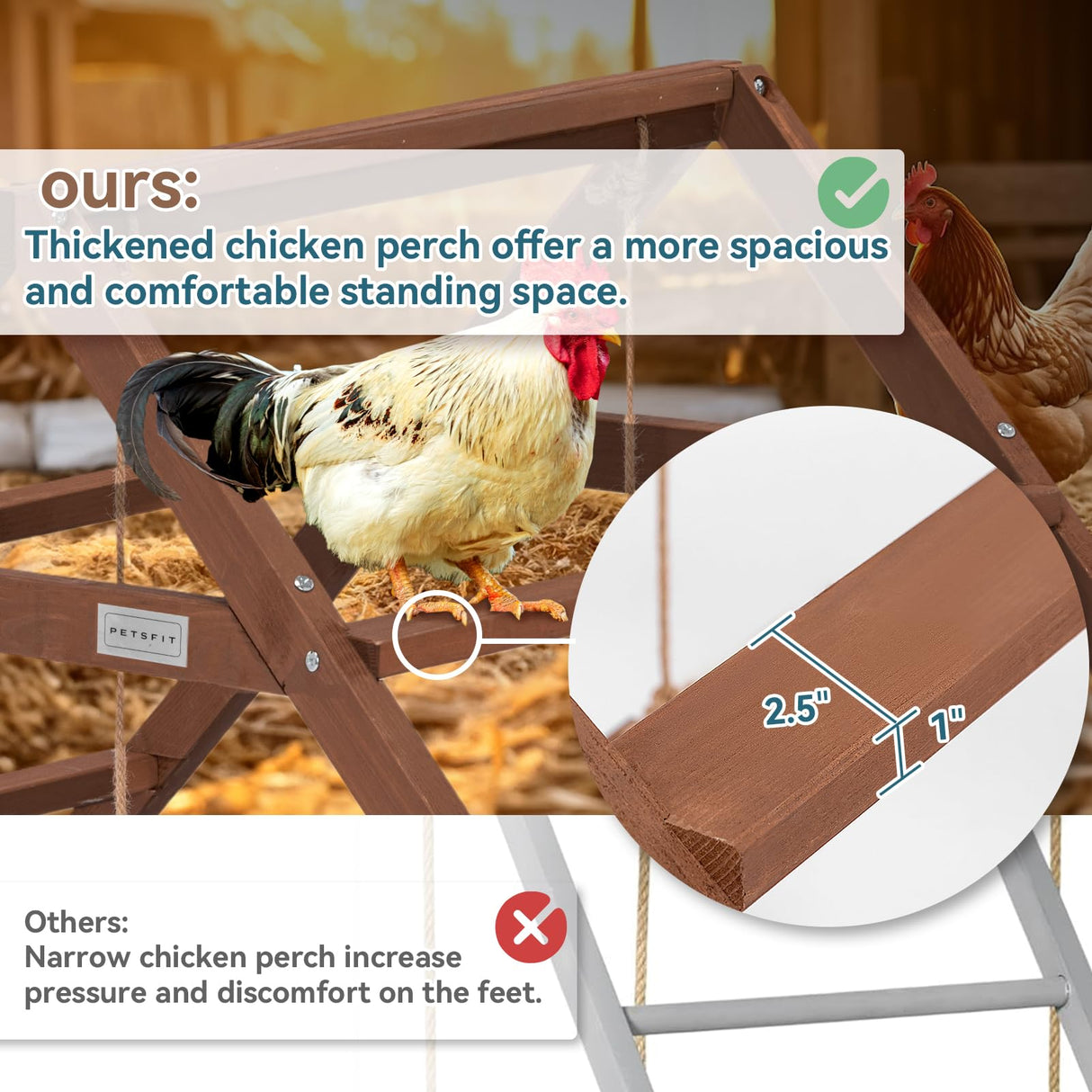 PETSFIT Chicken Roosting Bars for Coop Accessories, Chicken Perches with Swing are Perfect for 8-10 Chickens, Wooden Chicken Ladder for Pet's Healthy & Happy, Easy to Assemble&Clean Petsfit