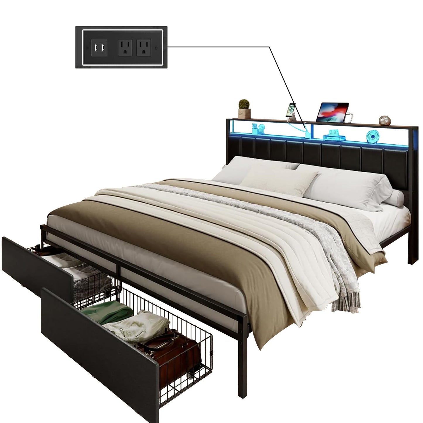 LUXOAK King Bed Frame with RGB LED Lights, 2 Drawers, and Charging Station in Black - WoodArtSupply