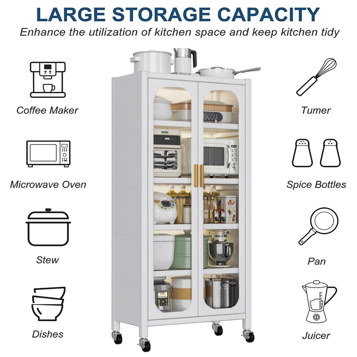 Runboll Kitchen Pantry Storage Cabinet, 6 Tier Metal Sideboard with Wheels and Acrylic Glass Door, Modern Display Curio Cabinet Bookcase White Runboll