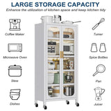 Runboll Kitchen Pantry Storage Cabinet, 6 Tier Metal Sideboard with Wheels and Acrylic Glass Door, Modern Display Curio Cabinet Bookcase White Runboll