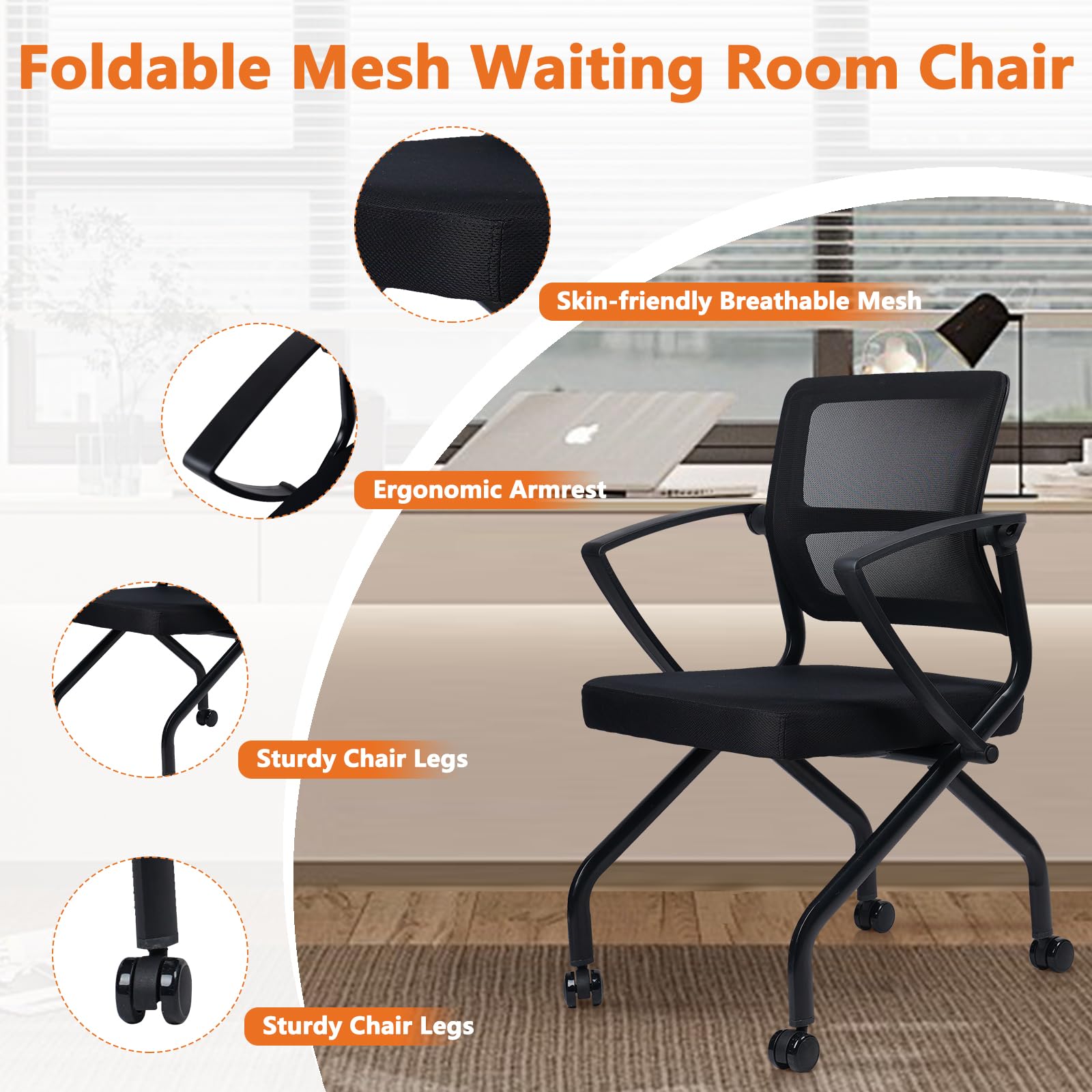 CLATINA Foldable Mesh Ergonomic Training Room Chair Guest Reception Stack Chairs with Caster Wheels and Arms for Office School Church Meeting Conference Training Waiting Room Black (Black Mes - WoodArtSupply