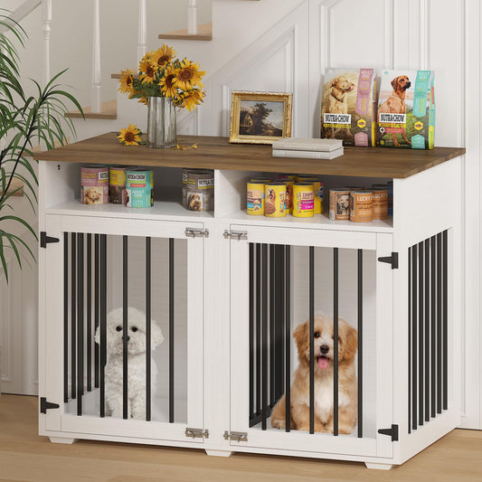 41 inch Dog Crate Furniture, Farmhouse Dog Kennel Indoor with Divider & Shelf Storage, Wooden Indoor Dog Crate for 2 Dogs, Decorative Pet Crate End Table for Large Dogs, White - WoodArtSupply