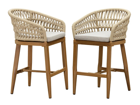 PURPLE LEAF Outdoor Rattan 24" Counter Height Bar Stools Chair Set of 2, Modern Upholstered Patio Bar Stool with Backrest for Indoor and Outdoor, Kitchen Island, Teak PURPLE LEAF