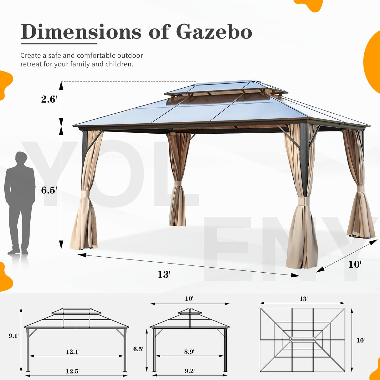 YOLENY 10'x13' Hardtop Gazebo, Outdoor Polycarbonate Double Roof Canopy, Aluminum Frame Permanent Pavilion with Curtains and Netting, Sunshade for Garden, Patio, Lawns YOLENY