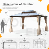 YOLENY 10'x13' Hardtop Gazebo, Outdoor Polycarbonate Double Roof Canopy, Aluminum Frame Permanent Pavilion with Curtains and Netting, Sunshade for Garden, Patio, Lawns YOLENY