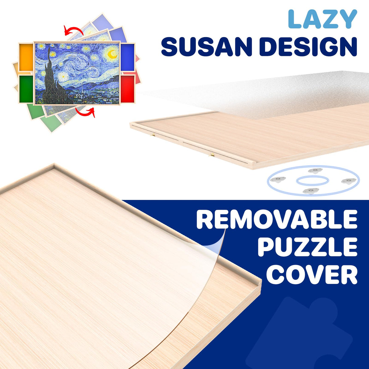 Rotatable 360-Degree Wheels Puzzle Board with Drawers and Cover 1000 Pieces Lightweight Portable Wooden Puzzle Table for Adults Kids 30'' x 22'' Woodever