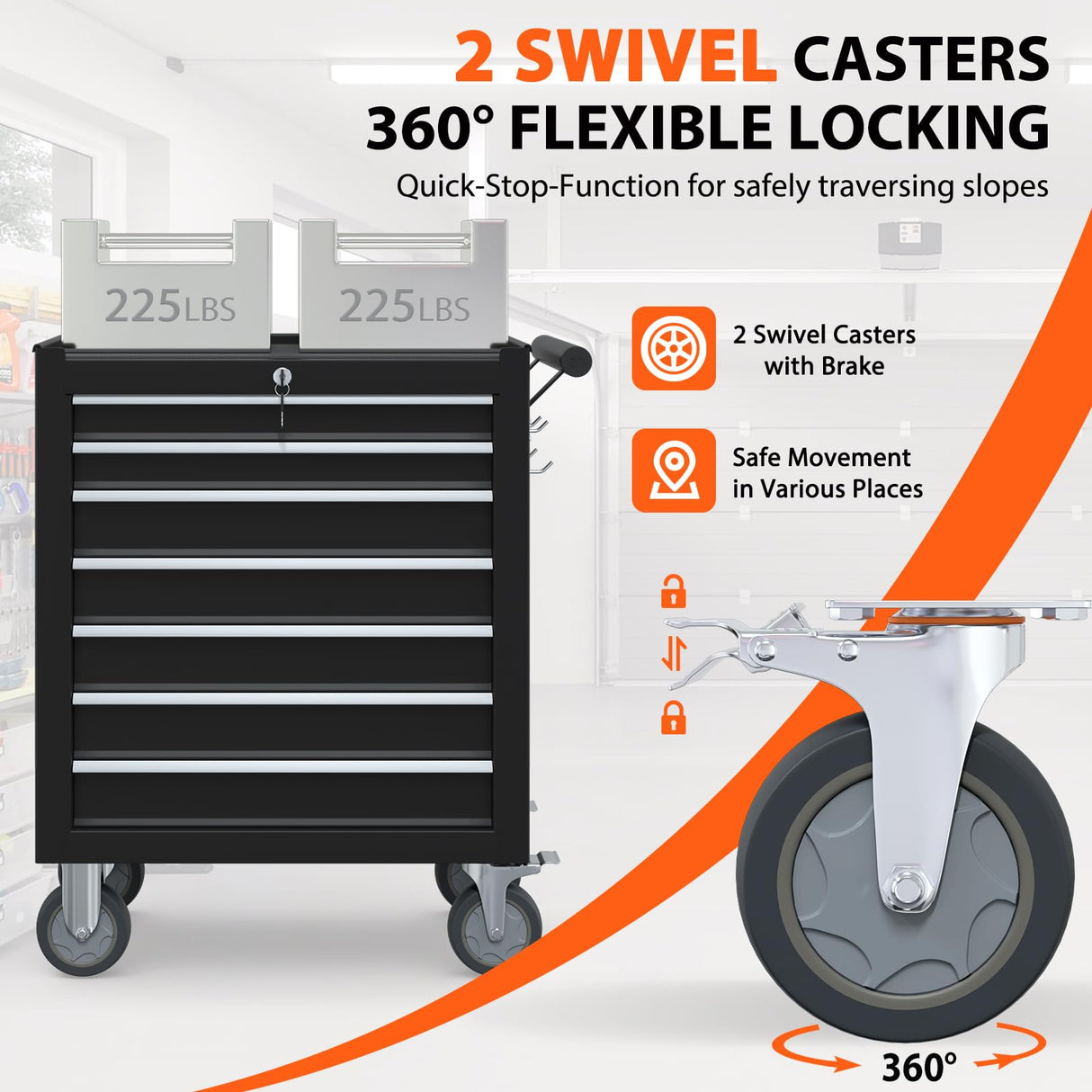 DYneeds 7-Drawer Rolling Tool Chest, Tool Box with Wheels and Drawers, High Capacity Detachable Mobile Tool Storage Cabinet for Workshop, Garage, Mechanics and Repair Room (Black) DYneeds