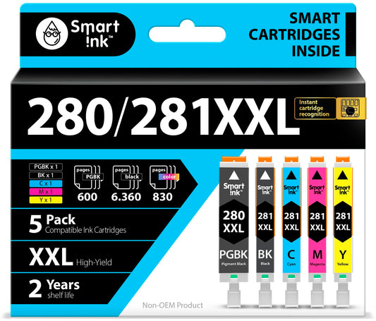 Smart Ink Compatible Ink Cartridges Replacement for Canon 281 280 PGI-280XXL CLI-281XXL (5 Combo Pack) to use with Canon Printers Pixma TR8520 TS9120 TS6120 TR8620 TR8620a TS6320 TR7520 PGBK/BK/C/M/Y