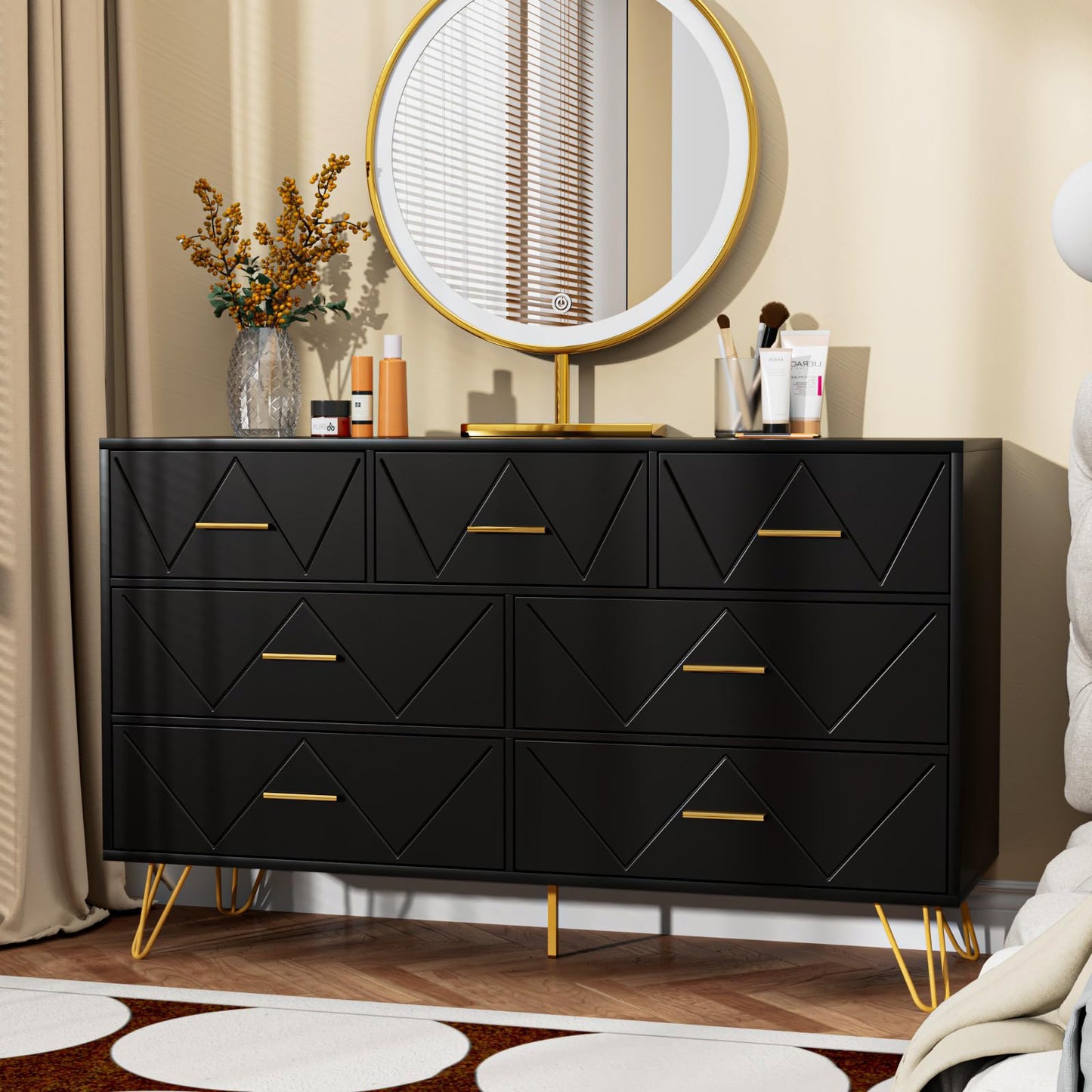 JOZZBY Dresser for Bedroom, 7 Drawer Black Wooden Dresser with Gold Handles, Modern Storage Dressers & Chests of Drawers for Hallway, Entryway