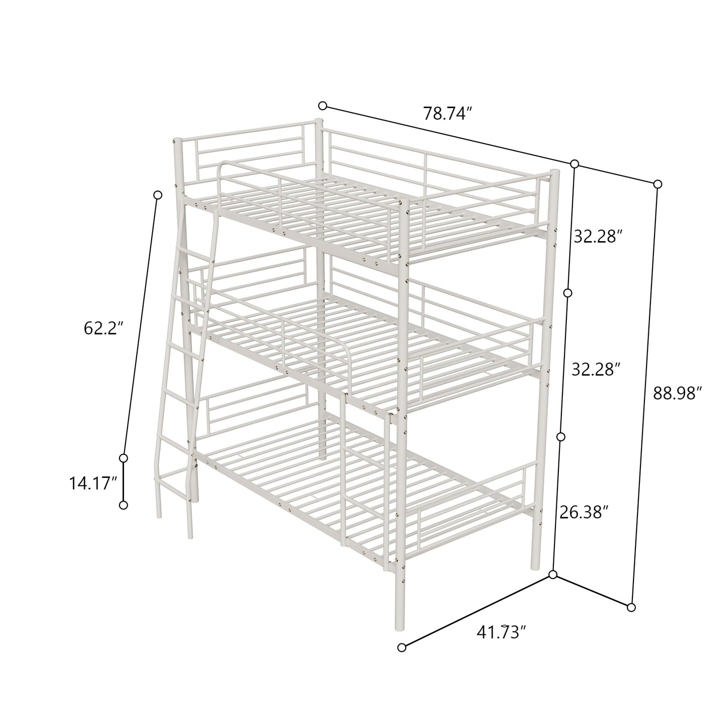 RuiSiSi Twin Size Triple Bunk Bed, Heavy Duty Metal Triple Bunk Bed Frame with Ladder, Triple Bunk Bed for Share Bedroom Dormitory, Can be Divide into 3 Beds, White